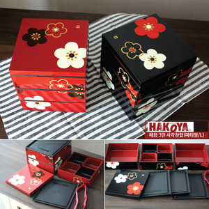 일본 하코야/매화 3단 사각찬합(파티형/L)/라지형 찬합/일본 전통 마사에 기법 사용/전통공예품